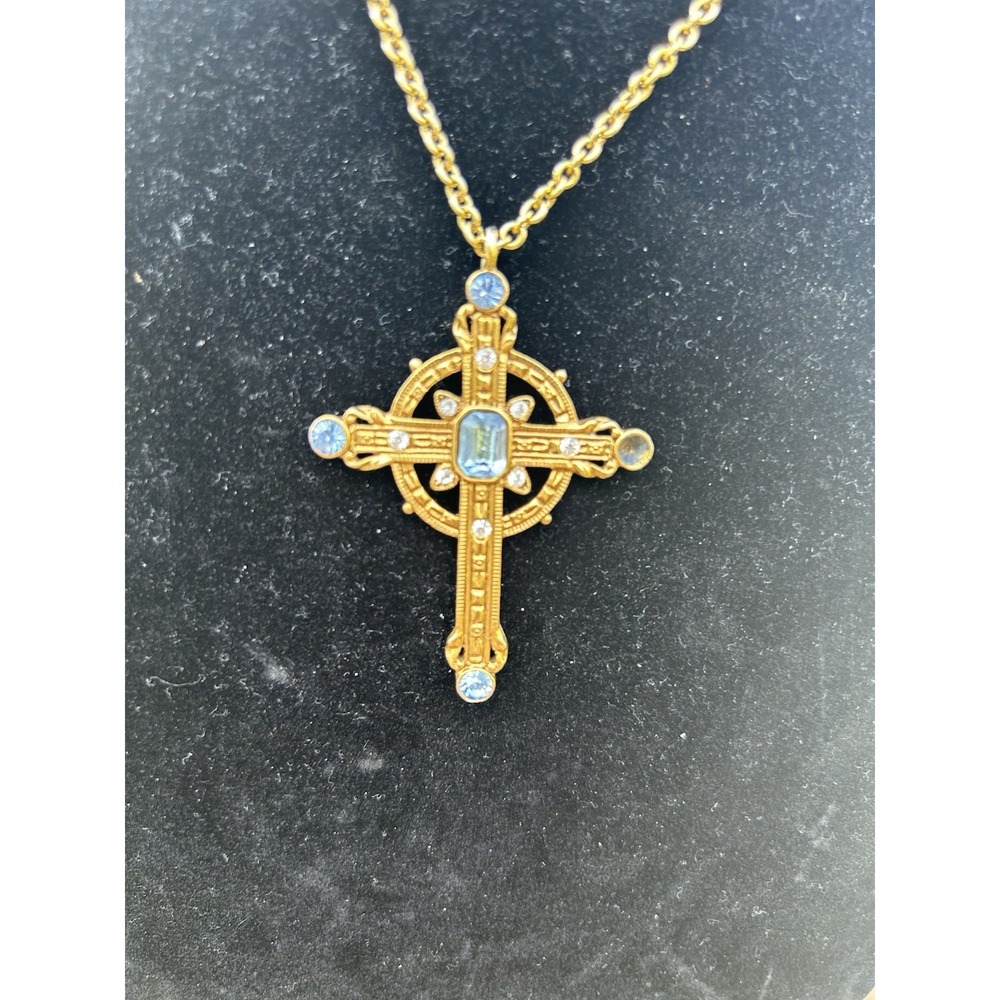 1928 Jewelry Blue Rhinestone Cross Necklace Gold Tone Missing Stone